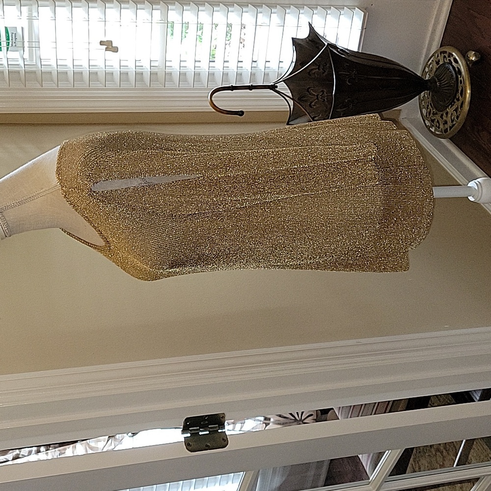 Chico's gold metallic pullover sweater crew neck cold shoulder 3/4 sleeve L EUC… - Picture 3 of 8
